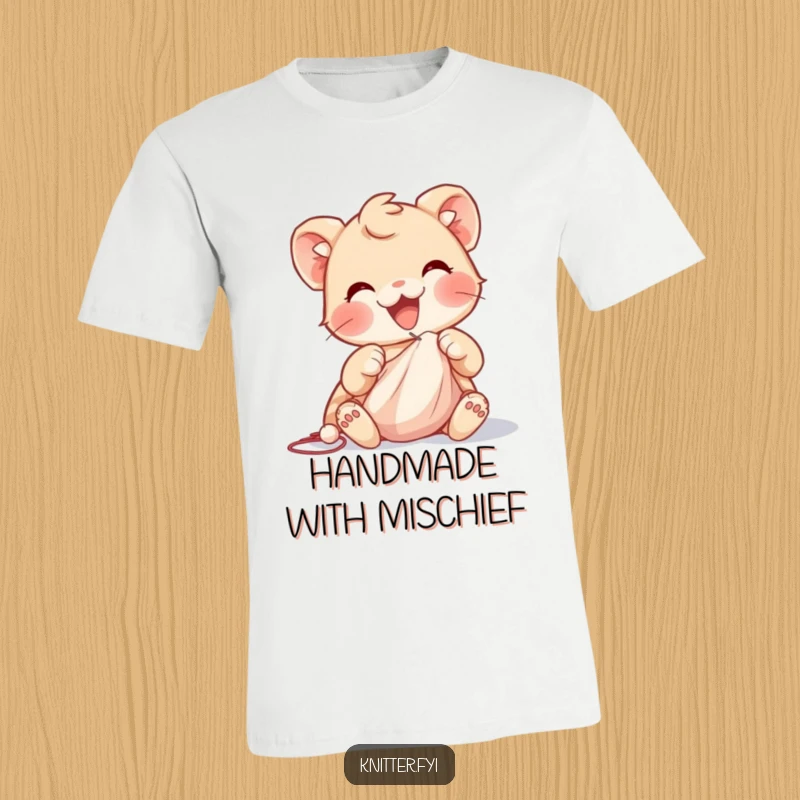 Funny t-shirt depicting a delighted creature with nimble paws skillfully using a needle and thread to sew soft cloth, showing concentration.