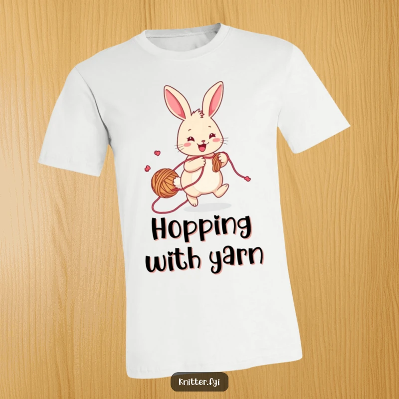 Funny rabbit t-shirt, a cheerful bunny with yarn trailing, hopping playfully while knitting, energetic and creative.