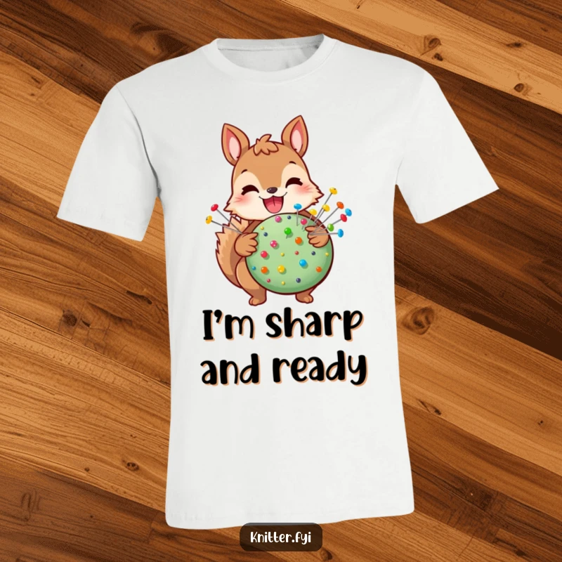 Funny squirrel t-shirt showing a joyful squirrel holding a colorful pincushion with many pins, a humorous gift idea.