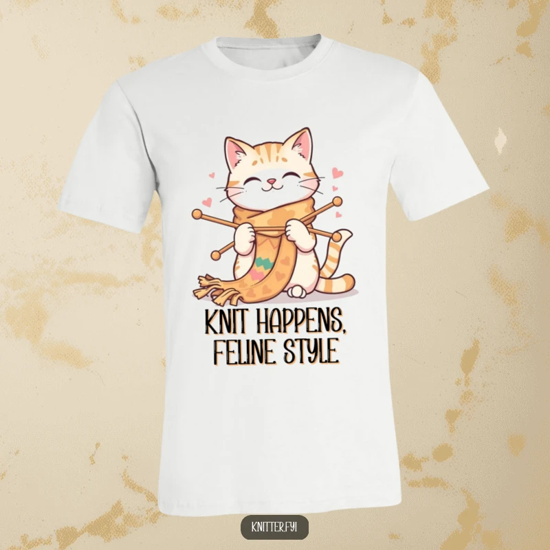 Funny cat t-shirt featuring a cheerful cat with big needles, happily knitting a very long, colorful scarf. Ideal for crafters.