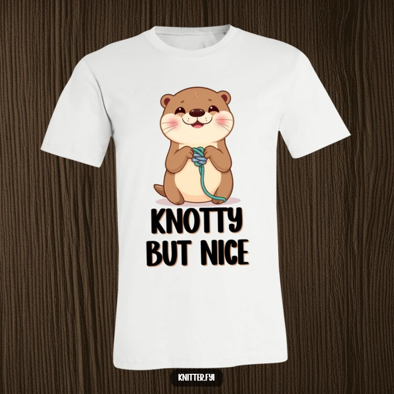 Funny t-shirt featuring a smiling otter expertly tying a perfect knot on a yarn strand. Clever and humorous design, perfect funny gift.