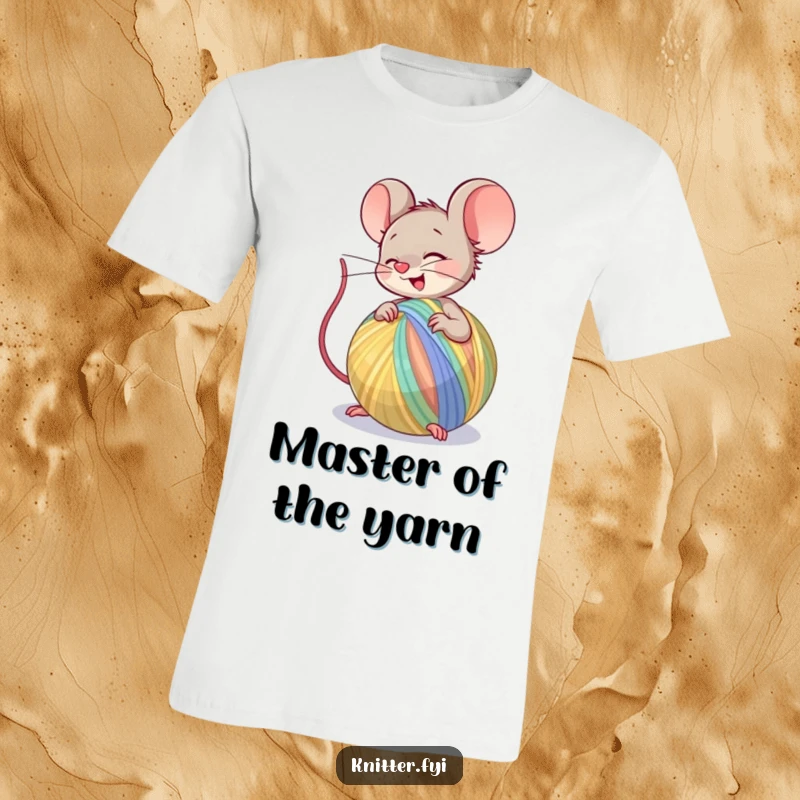Funny T-Shirt with a giggling mouse character enthusiastically spinning a large ball of colorful yarn, embodying playful creativity.