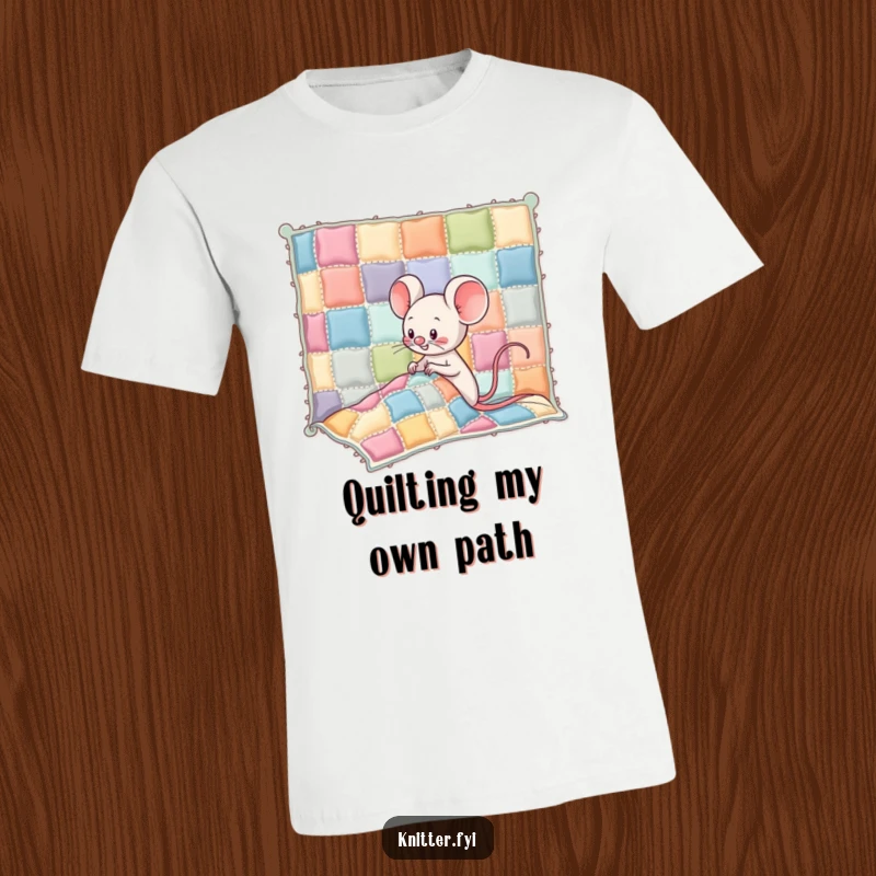 Funny Kawaii mouse character giggling hysterically while sewing colorful patches onto a wobbly quilt, a charming t-shirt graphic.