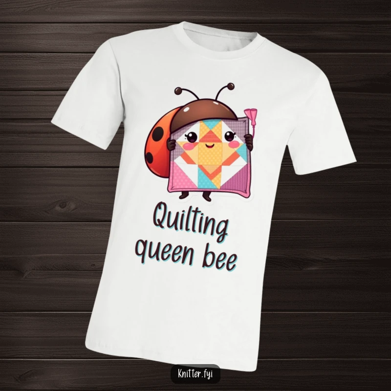 Funny ladybug t-shirt showing a proud character proudly displaying a perfectly stitched quilt square, celebrating quilting.