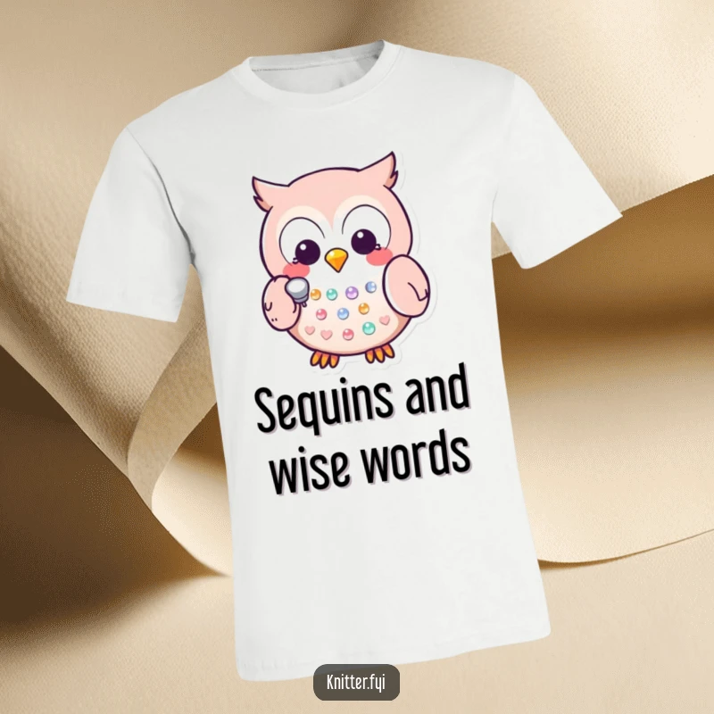 Funny Kawaii owl with a thimble, meticulously tapping a sequin into place, a charming t-shirt graphic for crafters.