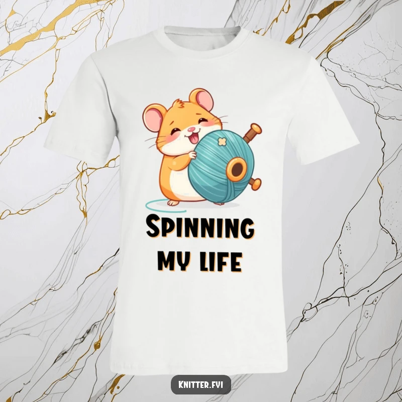 Funny Kawaii hamster t-shirt, gleefully spinning a large bobbin of thread, celebrating the joy of crafting.