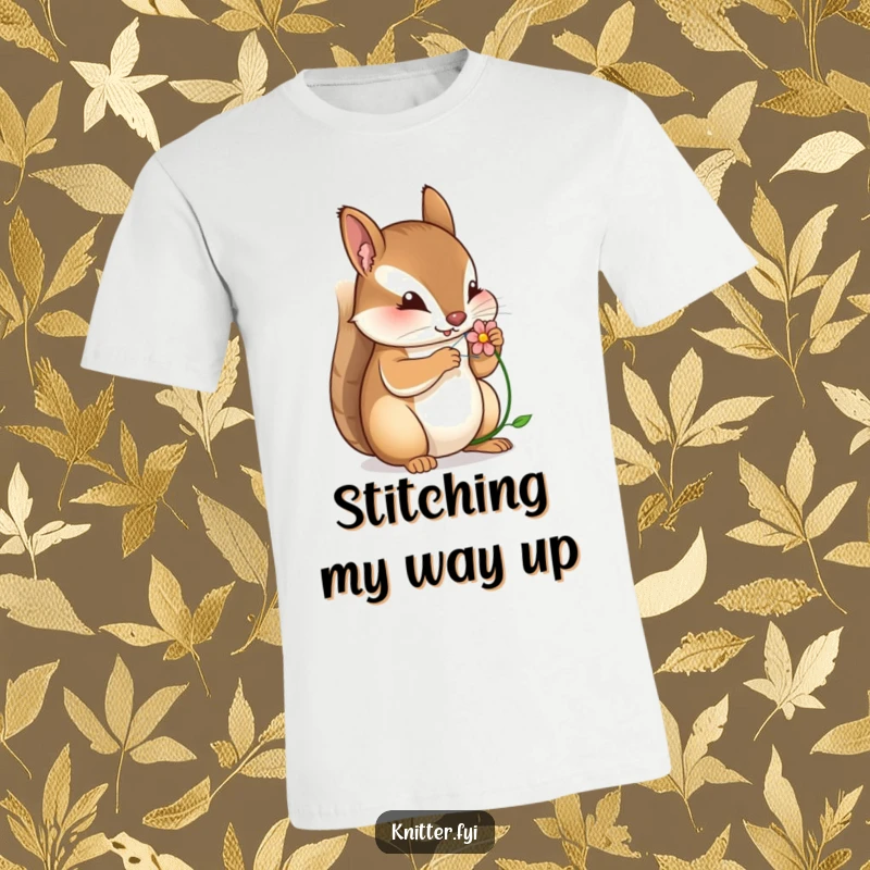 Funny t-shirt featuring a focused squirrel intently stitching a delicate flower, embodying precision and artistic passion.