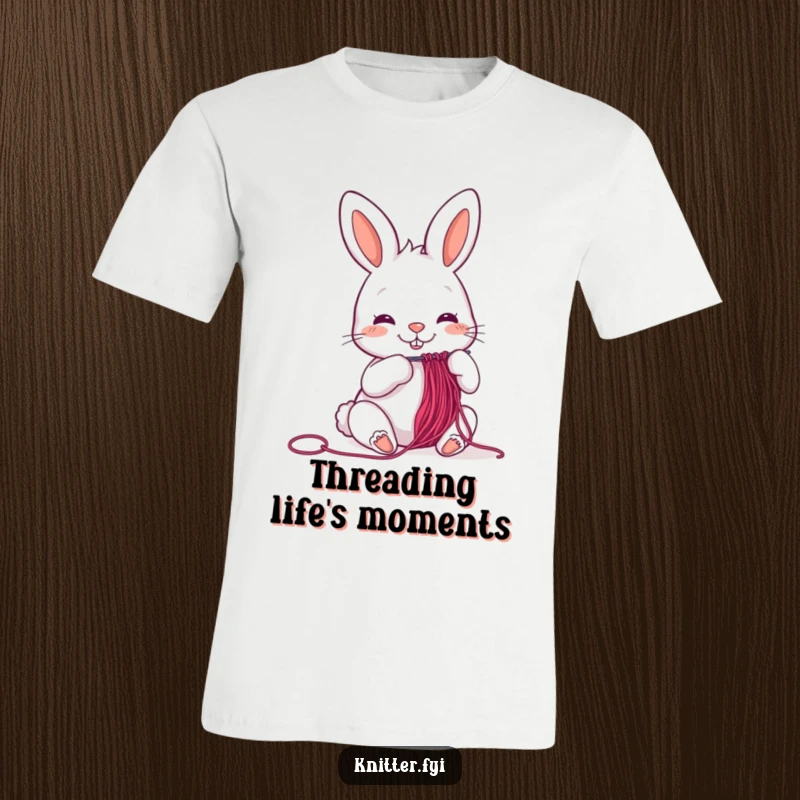 Funny cheerful rabbit t-shirt threading a needle with colorful thread, a playful and humorous design.