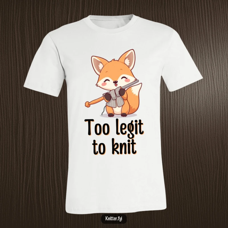 Funny fox t-shirt depicting a playful fox humorously holding a pair of very large knitting needles, looking mischievous.