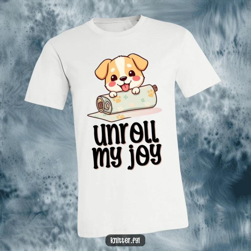 Funny T-Shirt displaying a happy dog carefully unrolling a roll of patterned fabric, radiating pure joy and crafty energy.