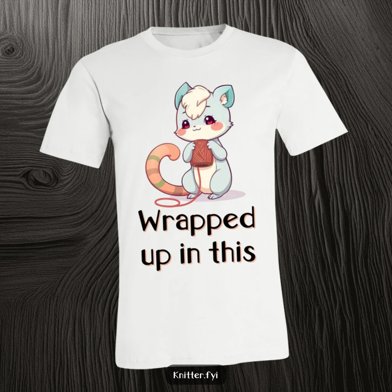 Funny t-shirt: A creature with a long tail playfully winds yarn onto a spool, illustrating a love for crafting.