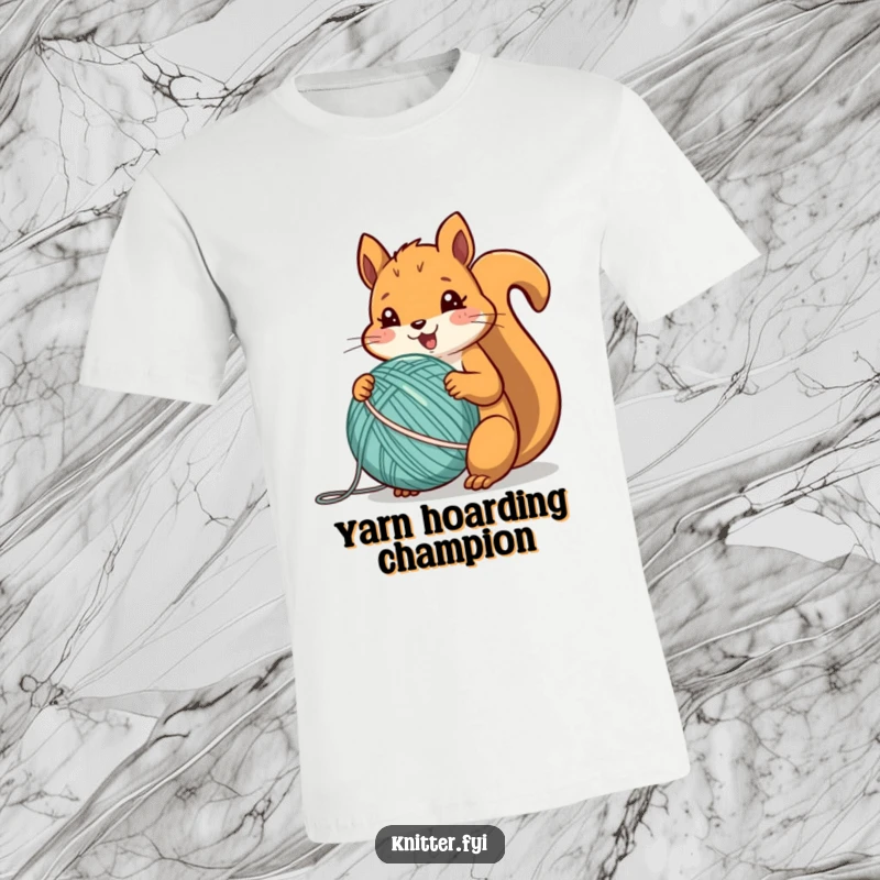 Funny squirrel t-shirt depicting a cheerful animal energetically winding a ball of yarn with focused excitement.