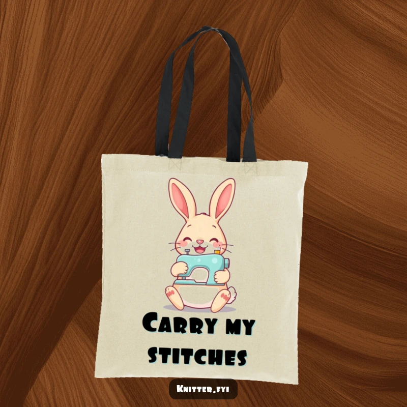Funny rabbit sewing tote bag, cheerfully stitching a button with a tiny machine, a practical and cute craft bag.