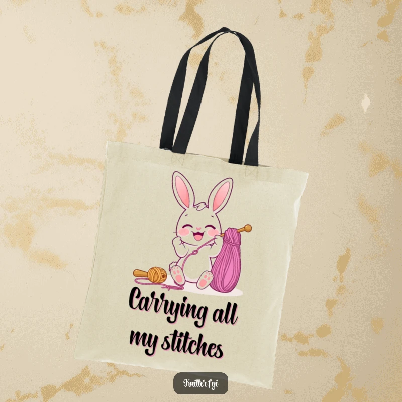 Funny tote bag showcasing a happy bunny character enthusiastically threading a large sewing needle with skeins of yarn, great for craft supplies.