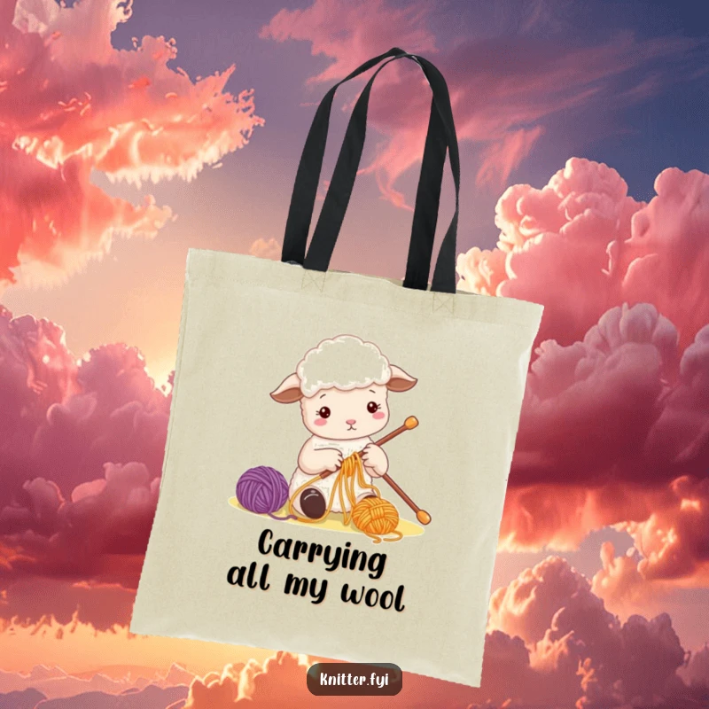 Funny Sheep Tote Bag featuring a cute sheep character busily threading colorful yarn onto a large needle, great for knitters.