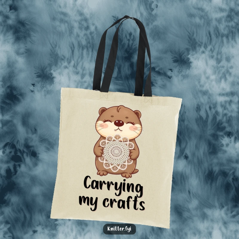 Funny otter tote bag showing a proud otter displaying a beautifully crocheted doily with closed eyes in contentment.