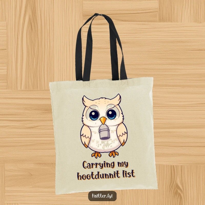 Funny owl tote bag with a thimble on its beak, appearing delighted and ready for shopping, a stylish and humorous accessory.