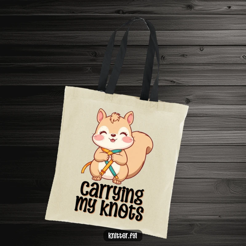 Funny squirrel tote bag with a contented character happily knotting bright ribbons together, perfect for craft storage.