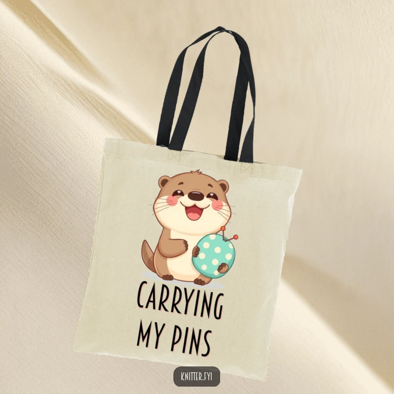 Funny tote bag with a happy otter holding a small pincushion and smiling widely, a cute accessory for sewers.