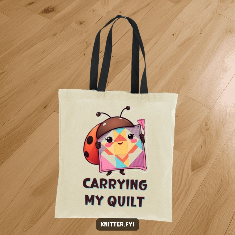 Funny ladybug tote bag with a proud character holding a perfectly stitched quilt square, ideal for craft supplies.