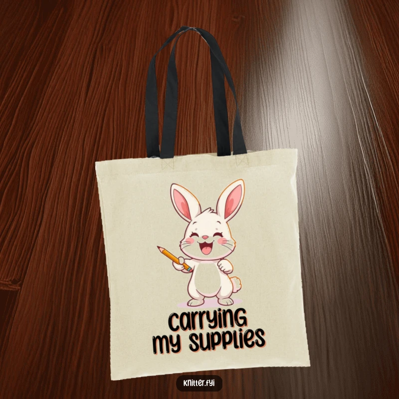 Funny bunny artist tote bag featuring a joyful rabbit casting a pattern onto fabric with a pencil, great for supplies.