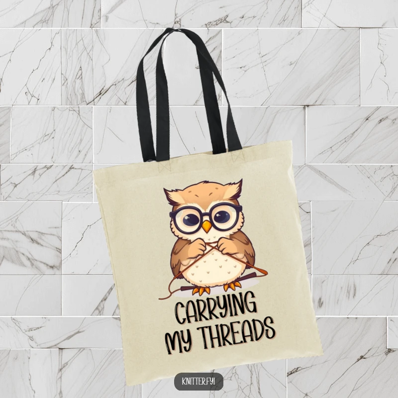 Funny tote bag illustrating a small owl with eyeglasses, humorously working on threading a big needle, a cute and witty design.
