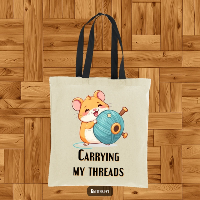 Funny Kawaii hamster tote bag, carrying a large bobbin of thread with delightful enthusiasm, perfect for crafters.