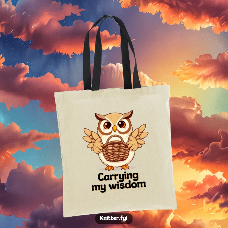 Funny owl tote bag showing a proud owl displaying a beautifully woven basket. Ideal for carrying items.