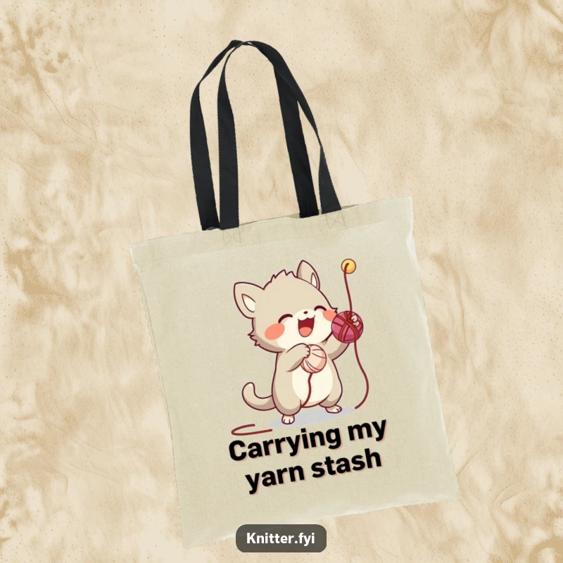 Funny tote bag featuring a lively creature in the act of playfully swatting at a dangling thread from a yarn ball, radiating fun.