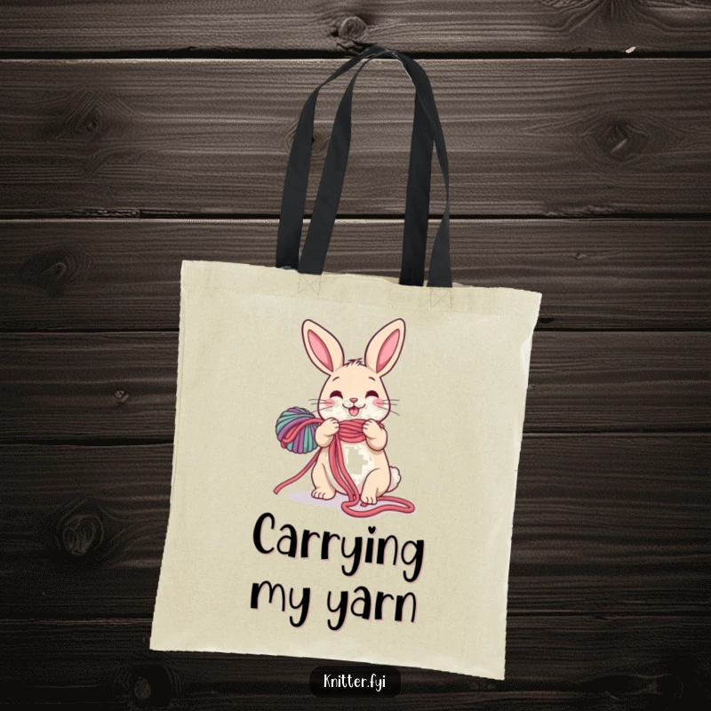 Funny Rabbit Tote Bag: A happy rabbit is depicted unspooling a long, colorful strand of yarn, offering a humorous look.
