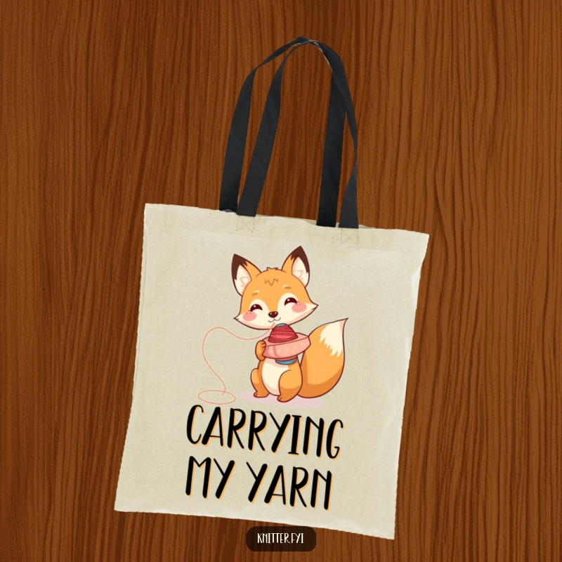 Funny fox tote bag character, playfully spinning thread, a clever and humorous accessory.