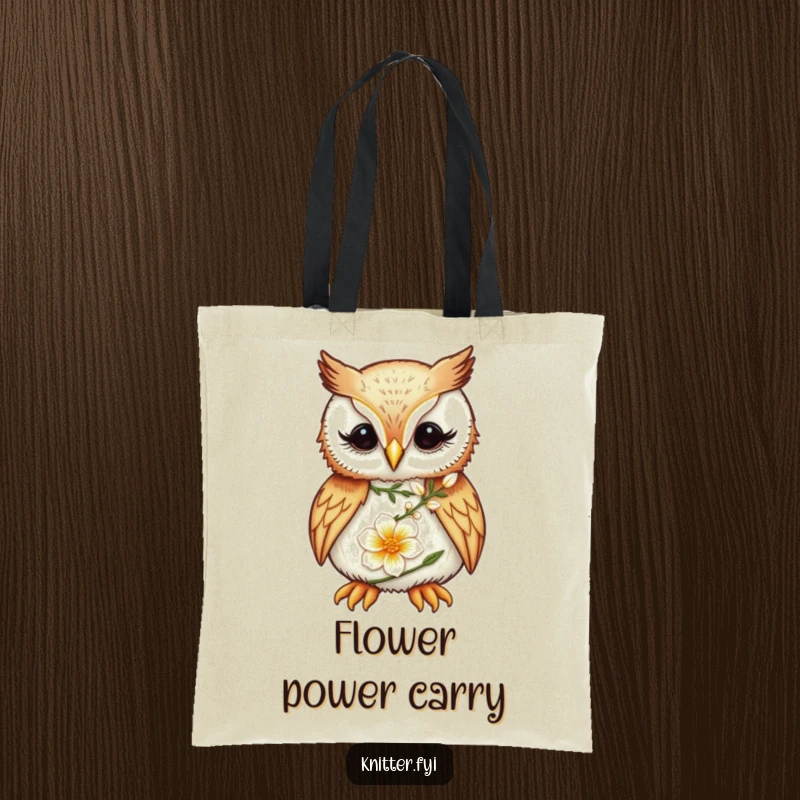 Funny Owl Tote Bag: A focused owl meticulously embroiders a delicate flower, a humorous and practical bag.