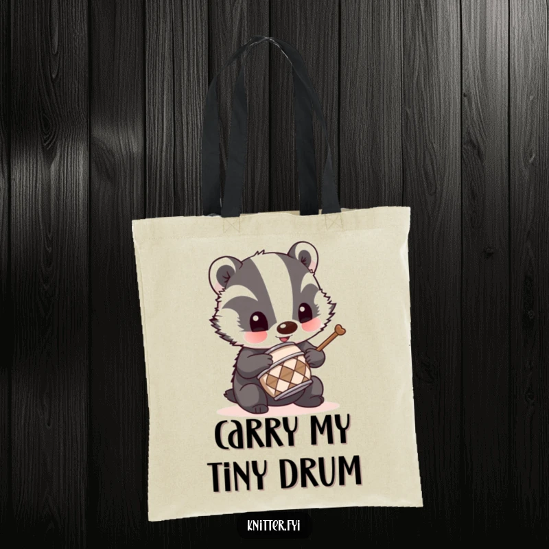 Funny badger drummer tote bag with a mischievous badger using a tiny thimble as a drum, great for carrying items.