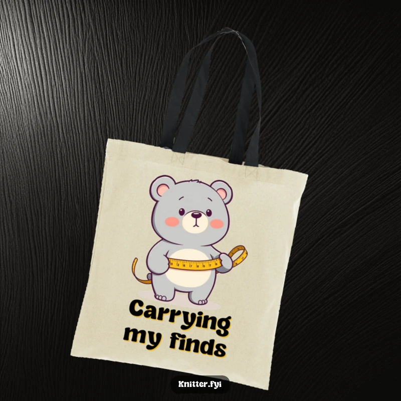 Funny Tote Bag showcasing a determined bear measuring fabric with a large, golden measuring tape, a practical and humorous companion.