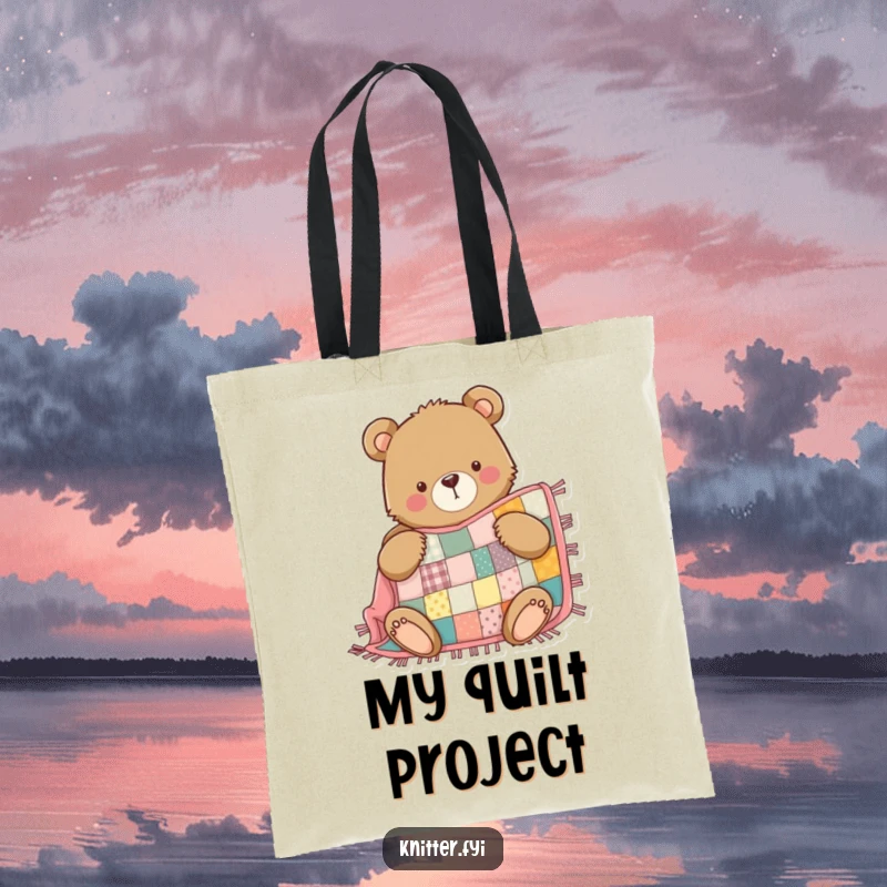 Funny Bear Tote Bag: A determined bear proudly sews a patchwork quilt, a humorous and practical bag.