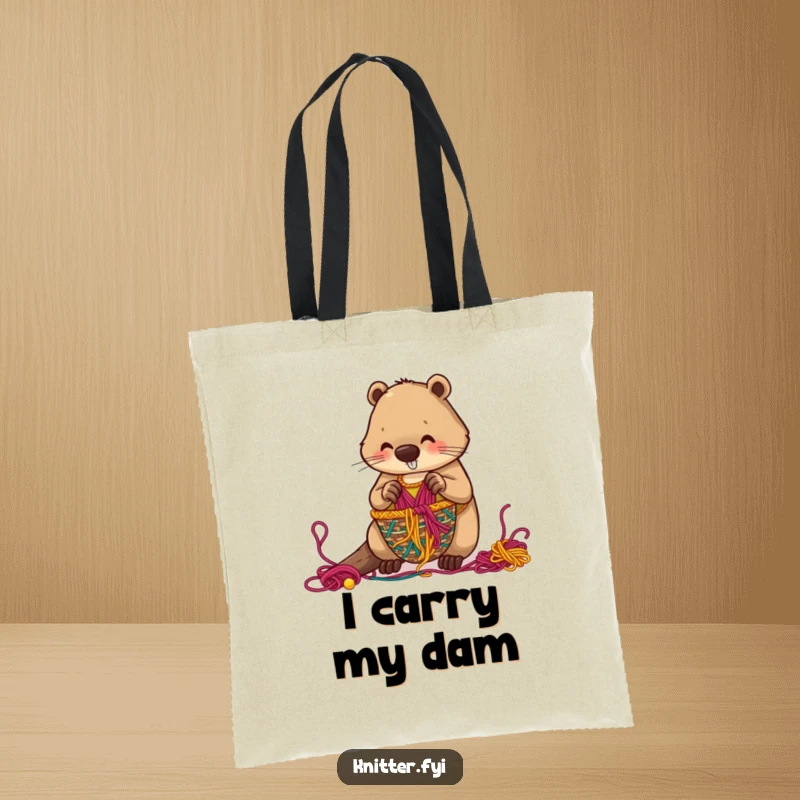 Funny beaver tote bag depicting a beaver meticulously weaving a colorful basket, ideal for carrying craft supplies.