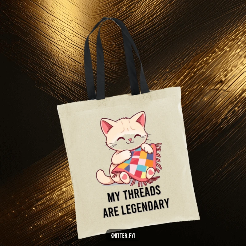 Funny cat tote bag featuring a joyful cat engrossed in sewing a small, colorful quilt, ready for errands.