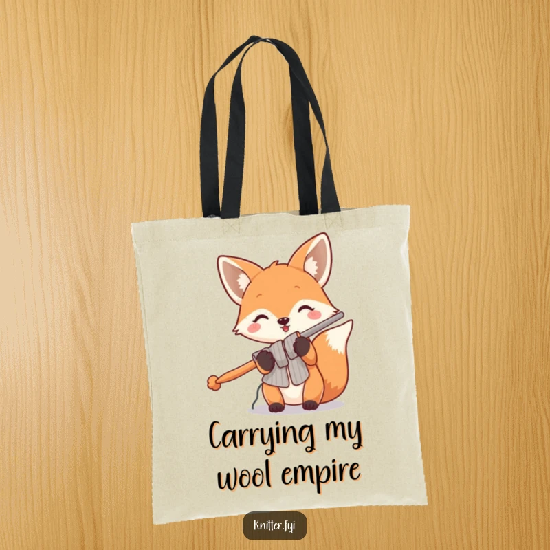 Funny fox tote bag featuring a playful fox holding oversized knitting needles, ready to haul yarn and projects with flair.
