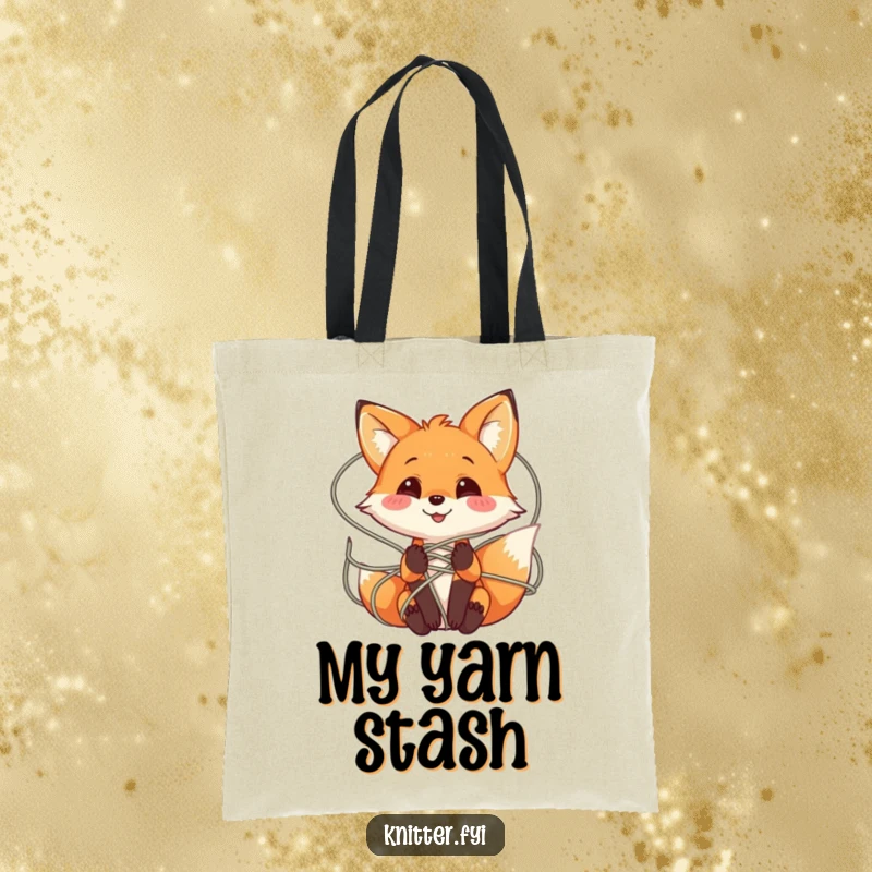 Funny Fox Yarn Tote Bag featuring a playful fox character smiling while tangled in a web of colorful yarn, great for yarn lovers.
