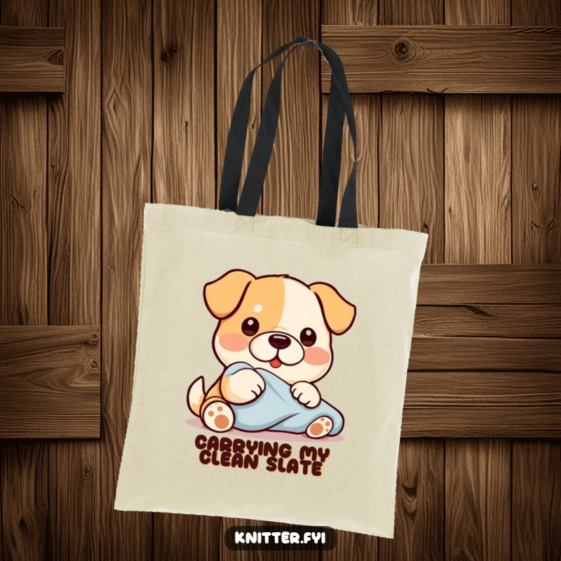 Funny Kawaii dog character diligently smoothing fabric with its paw, a practical and humorous tote bag design.