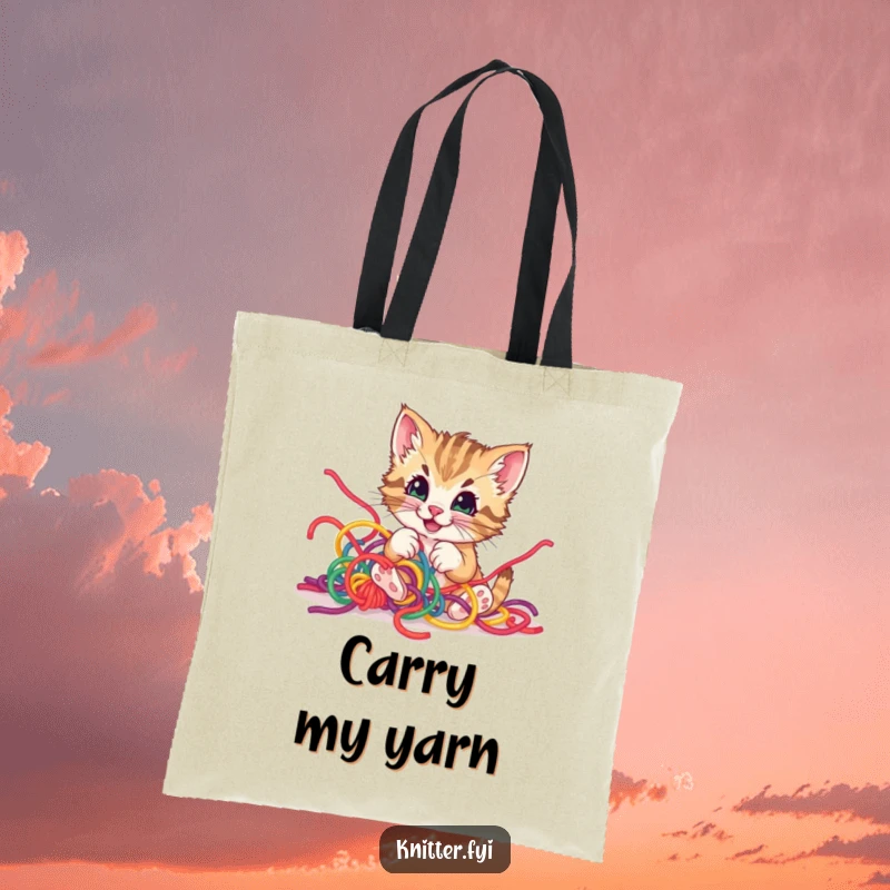 Funny kitten yarn tote bag, happily entangled in colorful yarn, a cute and practical accessory for cat lovers.