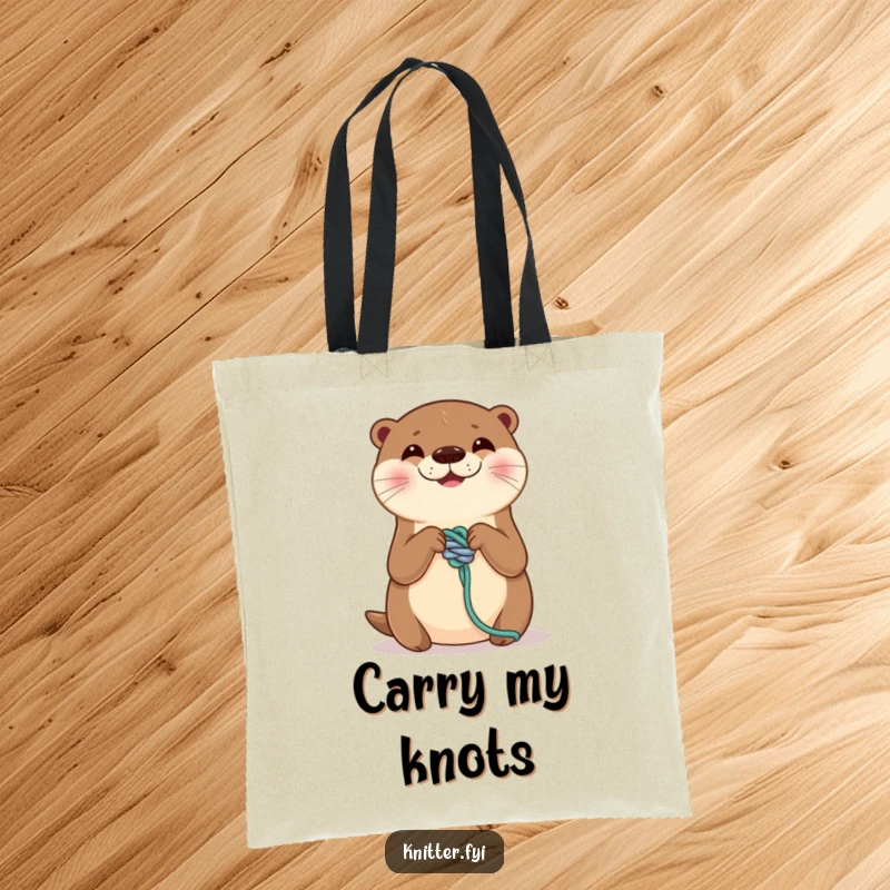 Funny tote bag featuring a smiling otter expertly tying a perfect knot on a yarn strand. Practical and humorous accessory, perfect funny gift.