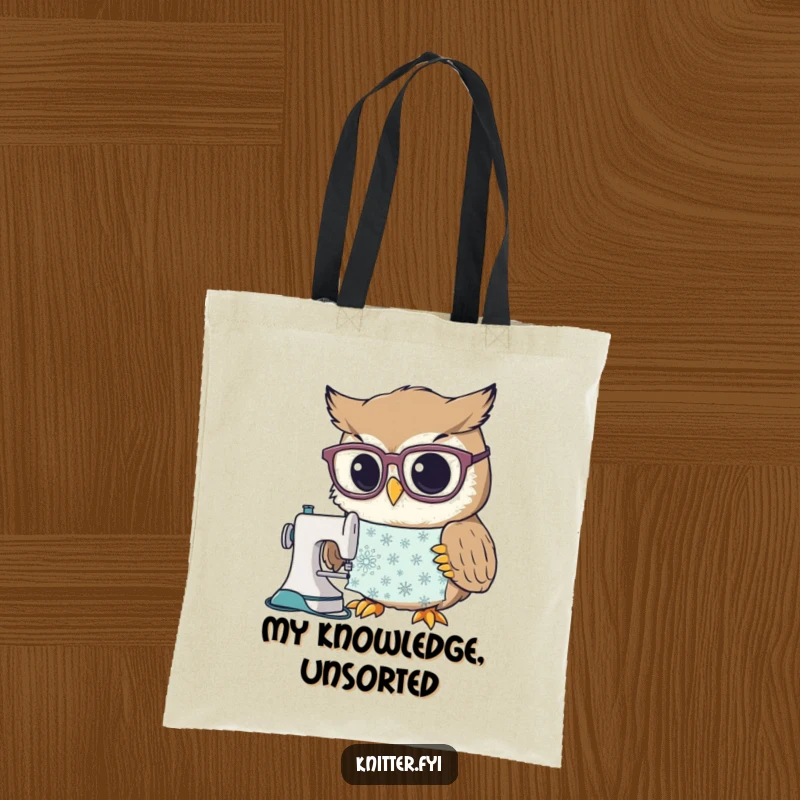 Funny tote bag featuring a curious owl with big glasses studying a complex sewing pattern, perfect for carrying craft supplies with style.