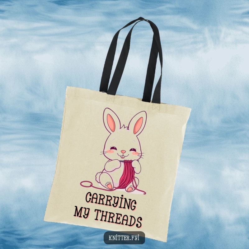 Funny cheerful rabbit tote bag threading a needle with colorful thread, a practical and humorous accessory.
