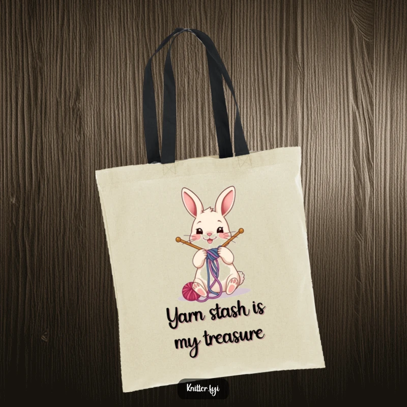 Funny rabbit tote bag with a cheerful bunny winding yarn and knitting needles, ready for a trip to the yarn store.
