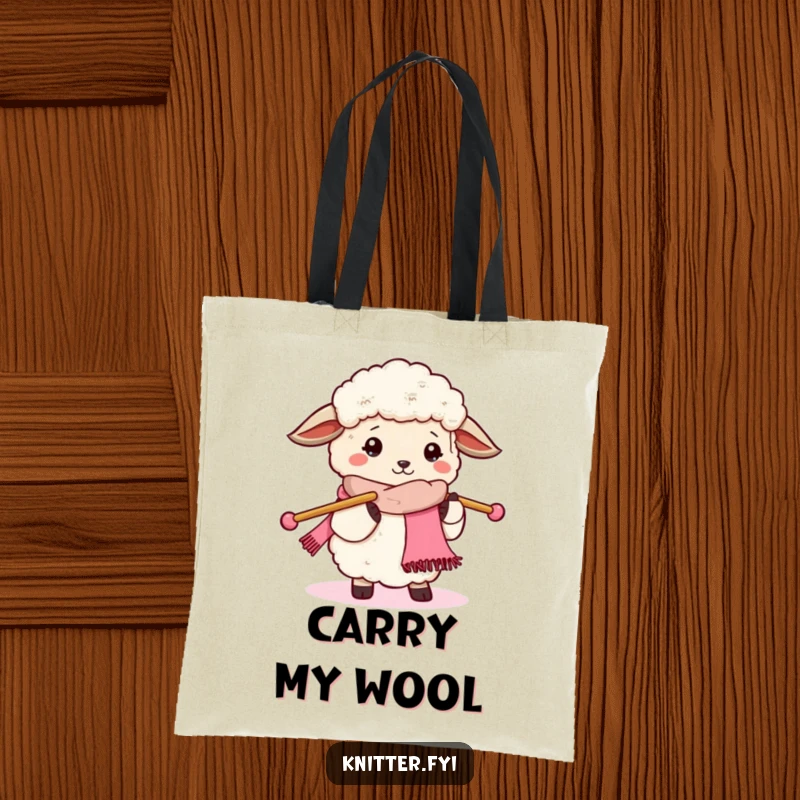 Funny sheep knitting tote bag, happily crafting a scarf with large needles, ideal for carrying yarn and supplies.