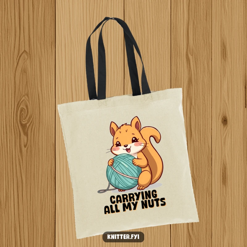 Funny squirrel tote bag showing a cheerful animal energetically winding a perfect ball of yarn with focus.