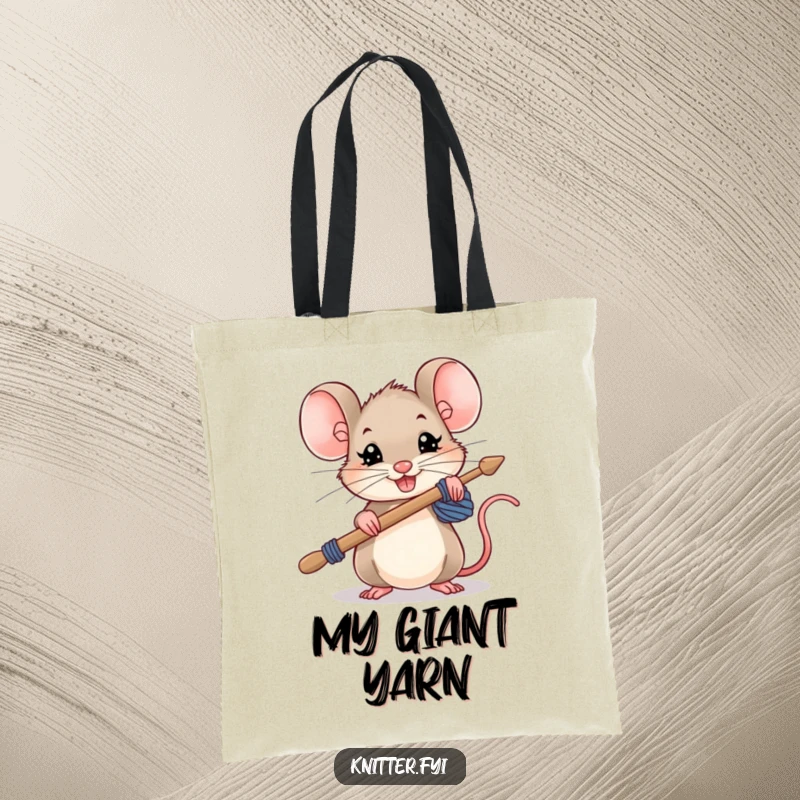 Funny mouse tote bag, a small mouse holding oversized knitting needles with a determined grin, practical and inspiring.