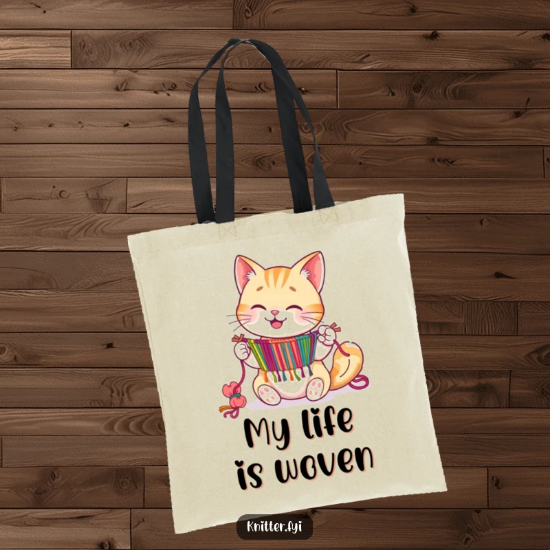 Happy cat character expertly weaving a colorful tapestry with its paws, on a tote bag.