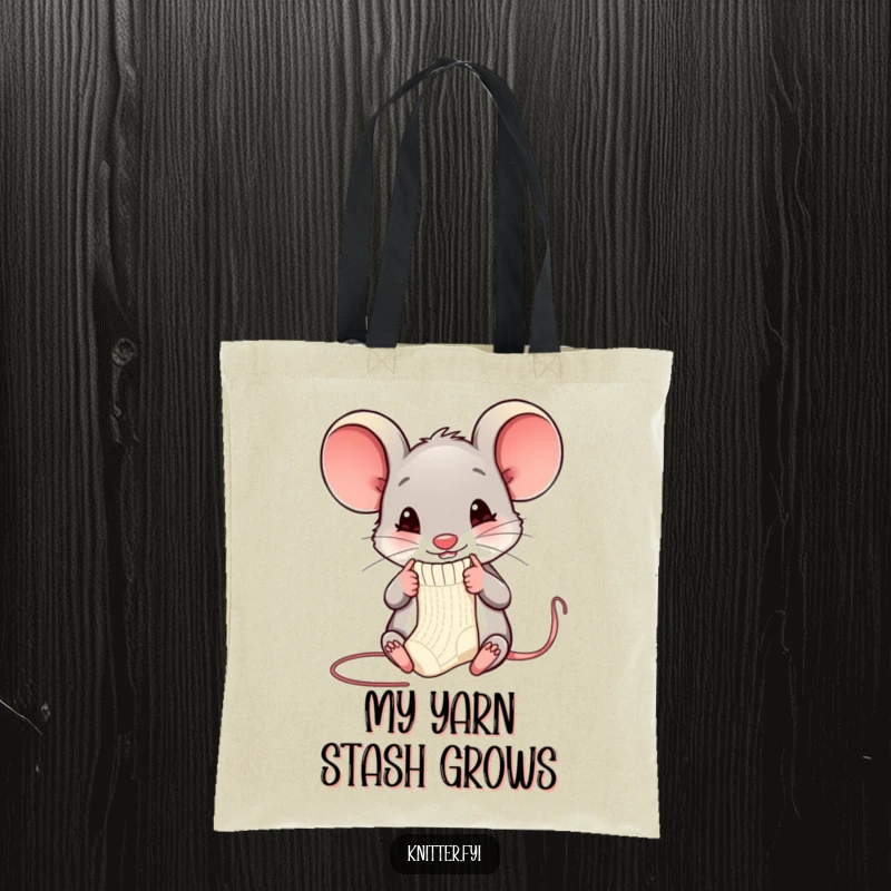 Funny mouse knitting tote bag with a happy mouse using tiny needles to knit a sock, a humorous accessory for knitters.